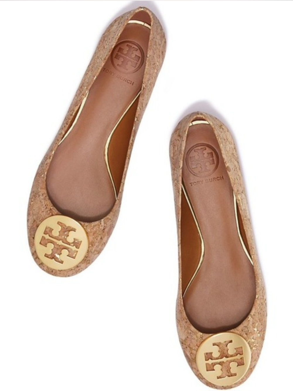 Tory Burch Cork/Gold Reva Logo Ballet Flats Gold Medallion Size 8
